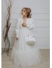 Long Sleeves Beaded Ivory Lace Satin Chic Flower Girl Dress